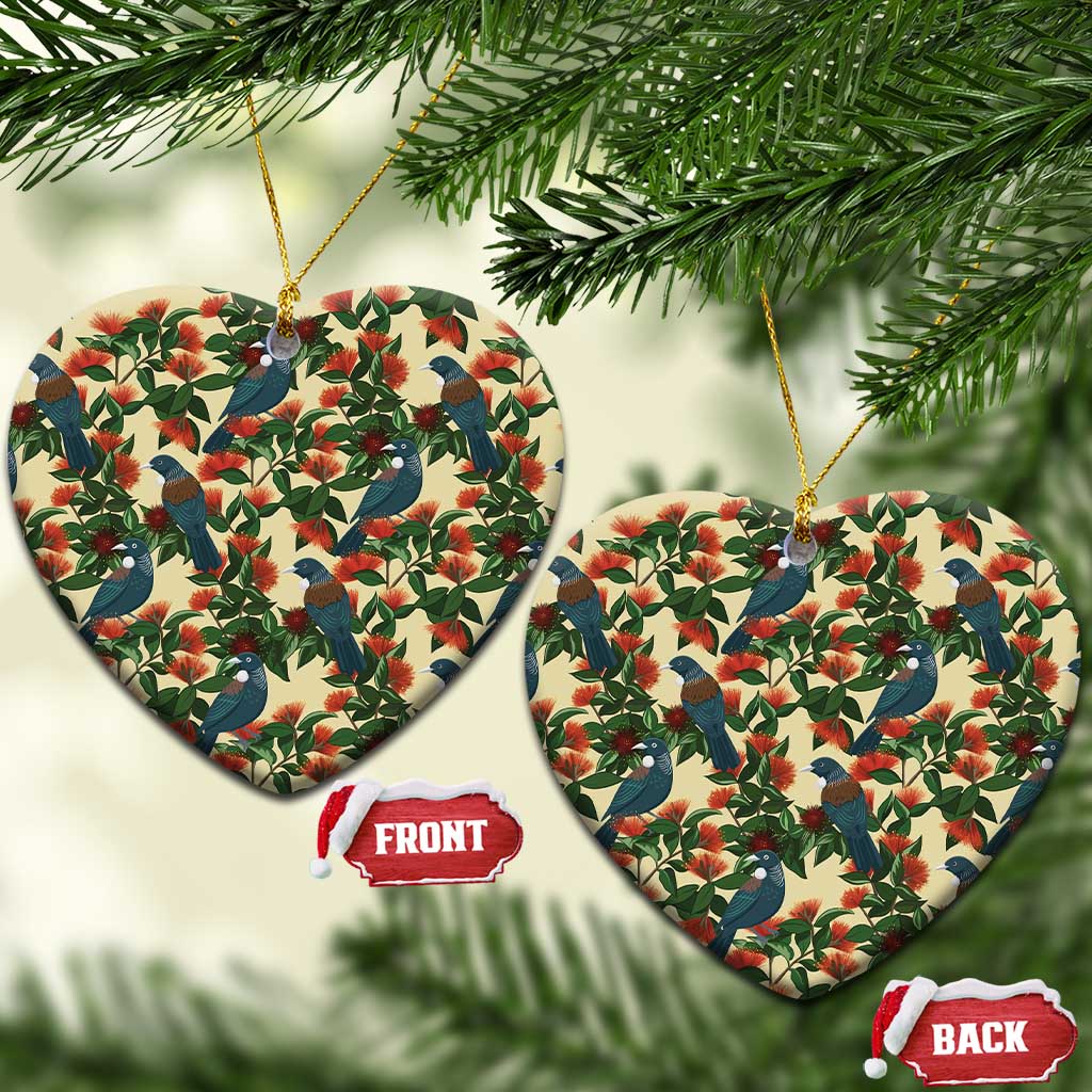 New Zealand Christmas Ceramic Ornament Romantic Tui Birds on Pohutukawa - Ivory - Aussie Hoodie
