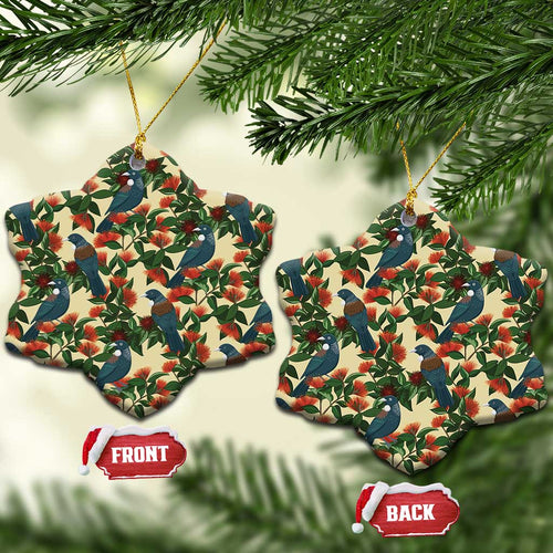New Zealand Christmas Ceramic Ornament Romantic Tui Birds on Pohutukawa - Ivory - Aussie Hoodie