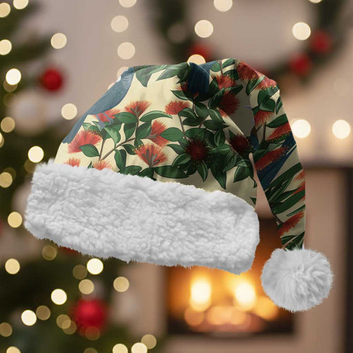 New Zealand Christmas Santa Hat Romantic Tui Birds on Pohutukawa - Ivory - Aussie Hoodie