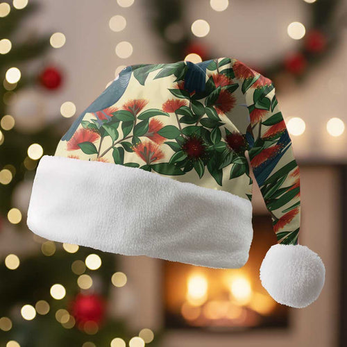 New Zealand Christmas Santa Hat Romantic Tui Birds on Pohutukawa - Ivory - Aussie Hoodie
