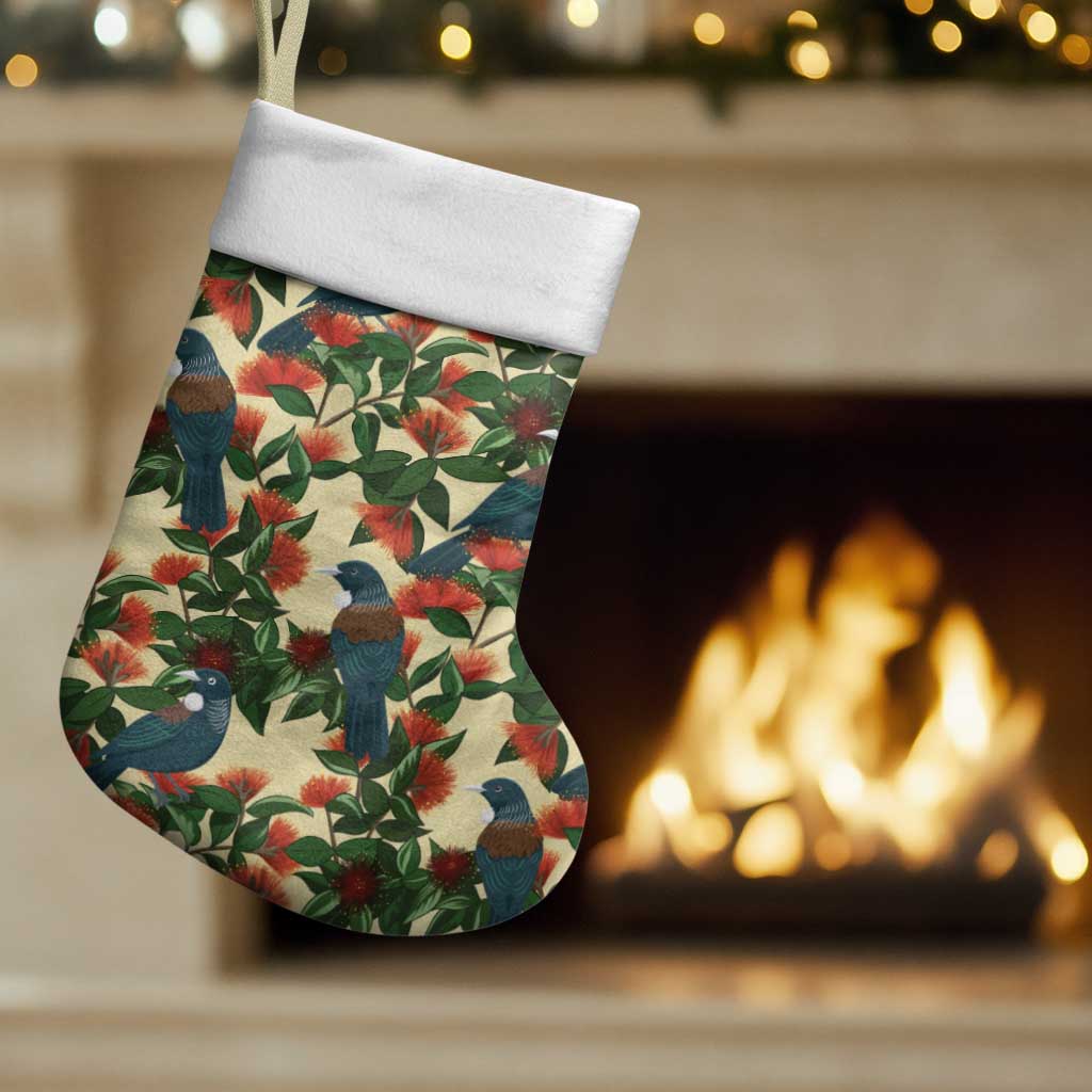 New Zealand Christmas Stocking Romantic Tui Birds on Pohutukawa - Ivory - Aussie Hoodie