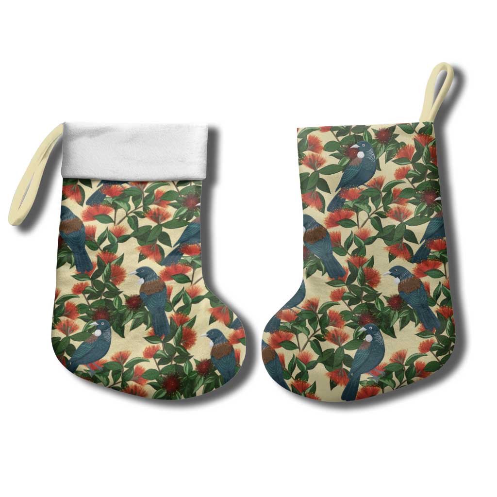 New Zealand Christmas Stocking Romantic Tui Birds on Pohutukawa - Ivory - Aussie Hoodie