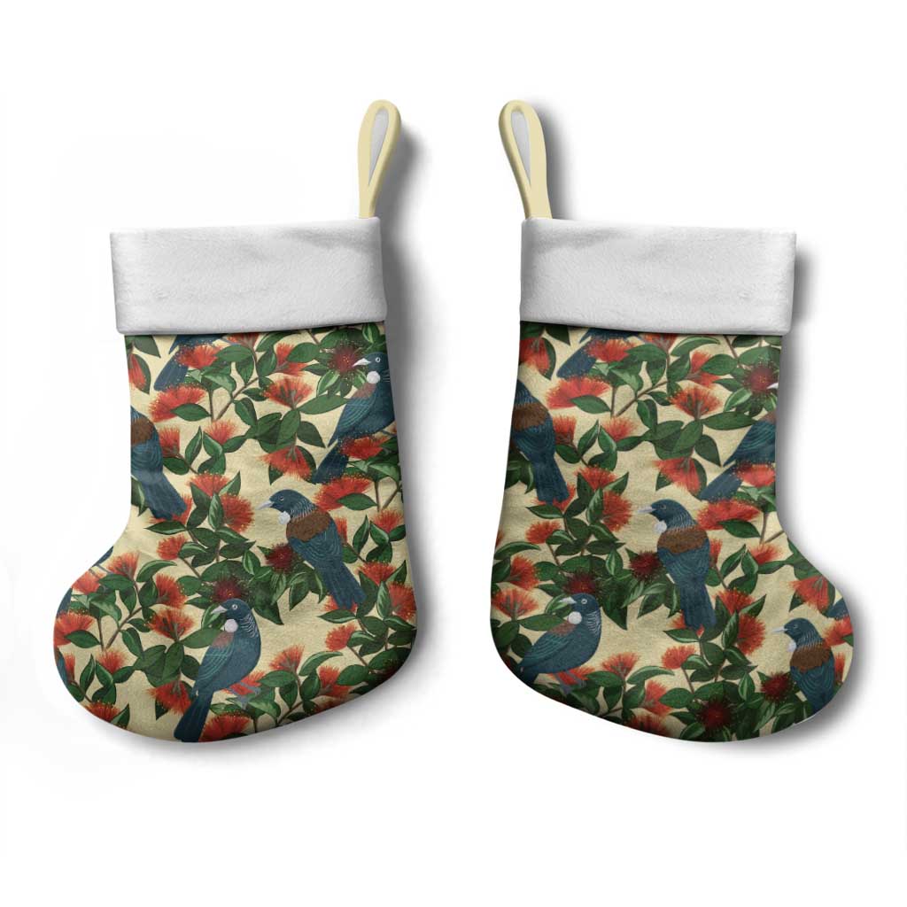 New Zealand Christmas Stocking Romantic Tui Birds on Pohutukawa - Ivory - Aussie Hoodie