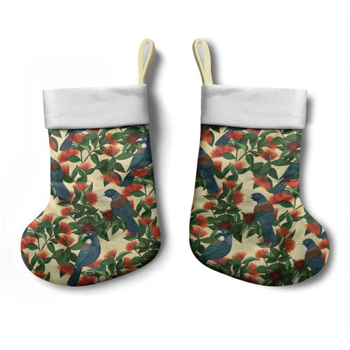New Zealand Christmas Stocking Romantic Tui Birds on Pohutukawa - Ivory - Aussie Hoodie