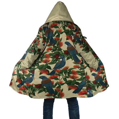 New Zealand Christmas Cloak Romantic Tui Birds on Pohutukawa - Ivory - Aussie Hoodie