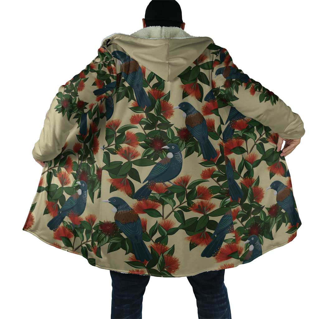 New Zealand Christmas Cloak Romantic Tui Birds on Pohutukawa - Ivory - Aussie Hoodie