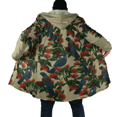 New Zealand Christmas Cloak Romantic Tui Birds on Pohutukawa - Ivory - Aussie Hoodie