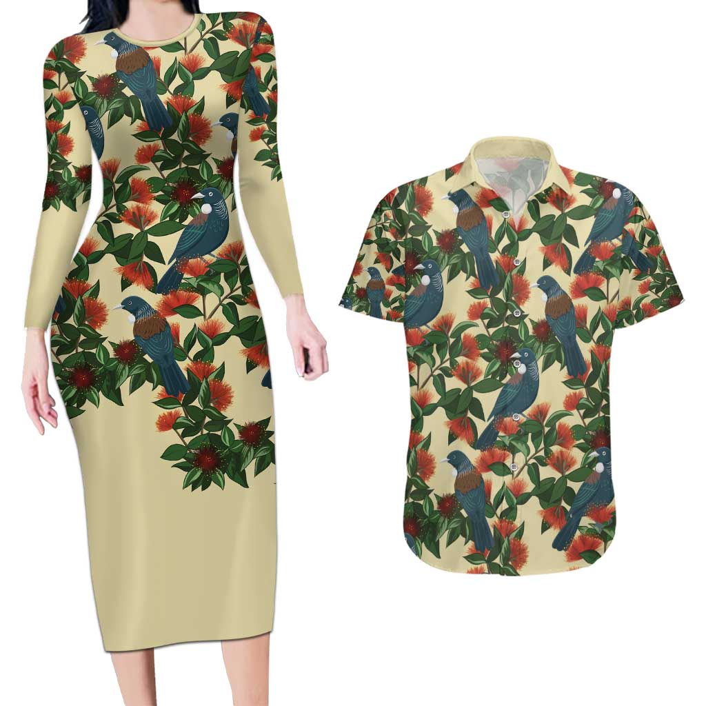 New Zealand Christmas Couples Matching Long Sleeve Bodycon Dress and Hawaiian Shirt Romantic Tui Birds on Pohutukawa - Ivory - Aussie Hoodie