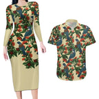 New Zealand Christmas Couples Matching Long Sleeve Bodycon Dress and Hawaiian Shirt Romantic Tui Birds on Pohutukawa - Ivory - Aussie Hoodie