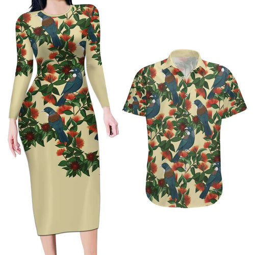 New Zealand Christmas Couples Matching Long Sleeve Bodycon Dress and Hawaiian Shirt Romantic Tui Birds on Pohutukawa - Ivory - Aussie Hoodie