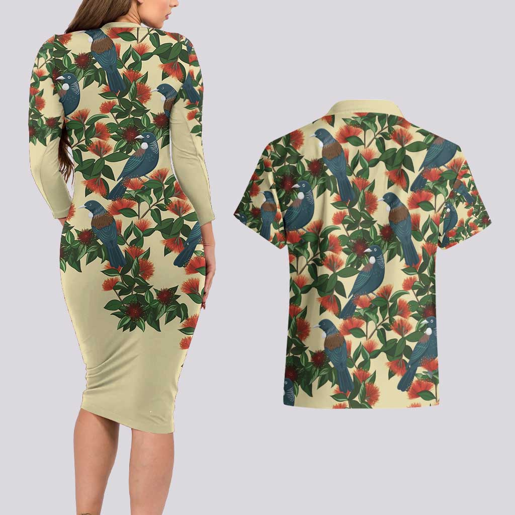 New Zealand Christmas Couples Matching Long Sleeve Bodycon Dress and Hawaiian Shirt Romantic Tui Birds on Pohutukawa - Ivory - Aussie Hoodie