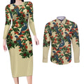 New Zealand Christmas Couples Matching Long Sleeve Bodycon Dress and Long Sleeve Button Shirt Romantic Tui Birds on Pohutukawa - Ivory - Aussie Hoodie