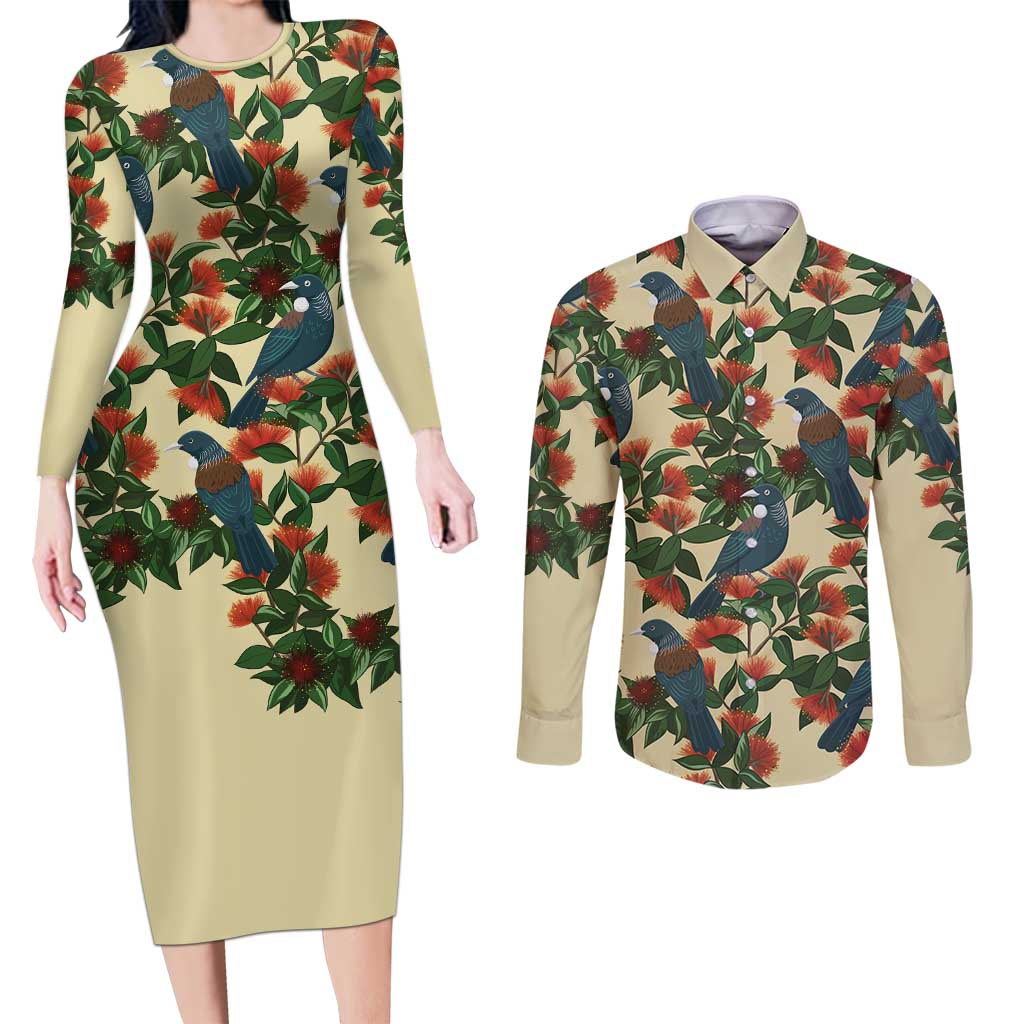 New Zealand Christmas Couples Matching Long Sleeve Bodycon Dress and Long Sleeve Button Shirt Romantic Tui Birds on Pohutukawa - Ivory - Aussie Hoodie