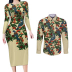 New Zealand Christmas Couples Matching Long Sleeve Bodycon Dress and Long Sleeve Button Shirt Romantic Tui Birds on Pohutukawa - Ivory - Aussie Hoodie