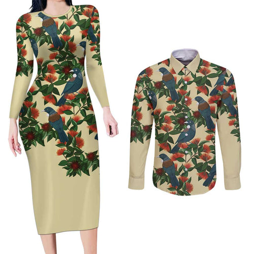 New Zealand Christmas Couples Matching Long Sleeve Bodycon Dress and Long Sleeve Button Shirt Romantic Tui Birds on Pohutukawa - Ivory - Aussie Hoodie