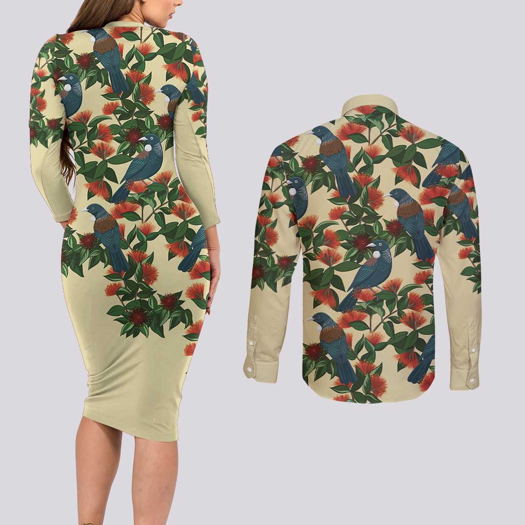 New Zealand Christmas Couples Matching Long Sleeve Bodycon Dress and Long Sleeve Button Shirt Romantic Tui Birds on Pohutukawa - Ivory - Aussie Hoodie