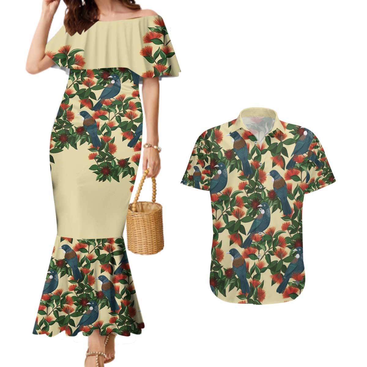 New Zealand Christmas Couples Matching Mermaid Dress and Hawaiian Shirt Romantic Tui Birds on Pohutukawa - Ivory - Aussie Hoodie