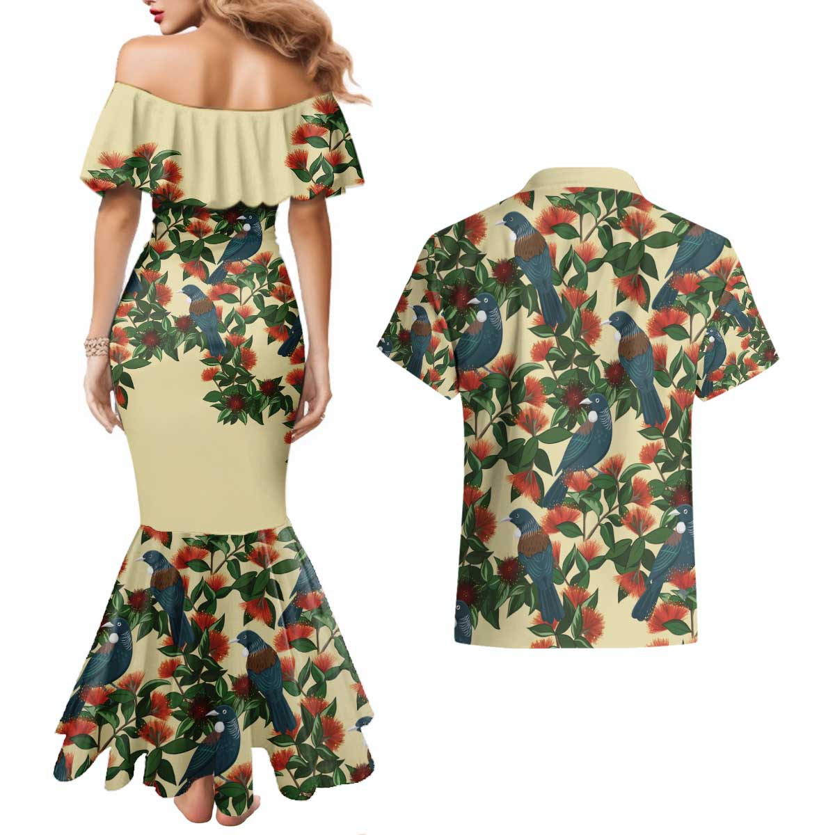 New Zealand Christmas Couples Matching Mermaid Dress and Hawaiian Shirt Romantic Tui Birds on Pohutukawa - Ivory - Aussie Hoodie