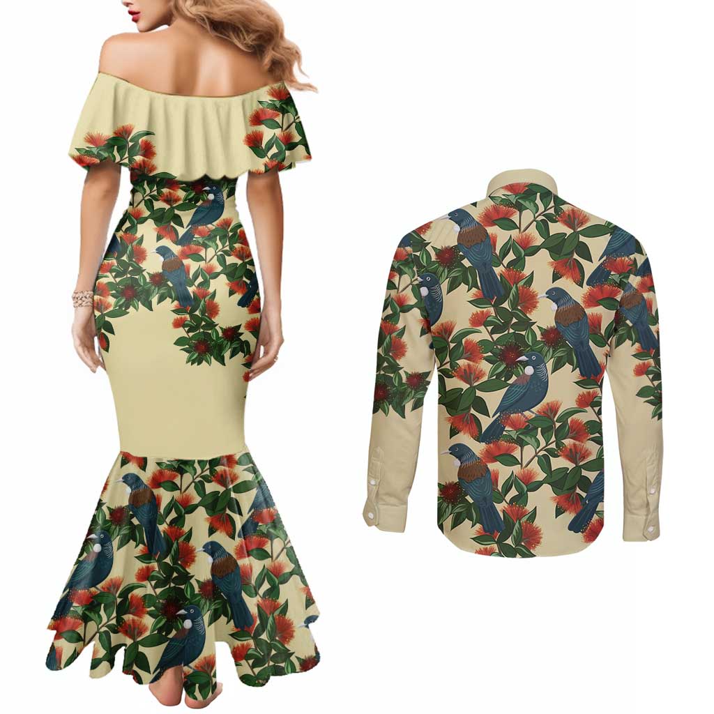 New Zealand Christmas Couples Matching Mermaid Dress and Long Sleeve Button Shirt Romantic Tui Birds on Pohutukawa - Ivory - Aussie Hoodie