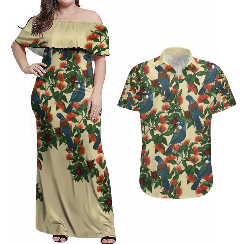New Zealand Christmas Couples Matching Off Shoulder Maxi Dress and Hawaiian Shirt Romantic Tui Birds on Pohutukawa - Ivory - Aussie Hoodie