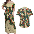 New Zealand Christmas Couples Matching Off Shoulder Maxi Dress and Hawaiian Shirt Romantic Tui Birds on Pohutukawa - Ivory - Aussie Hoodie