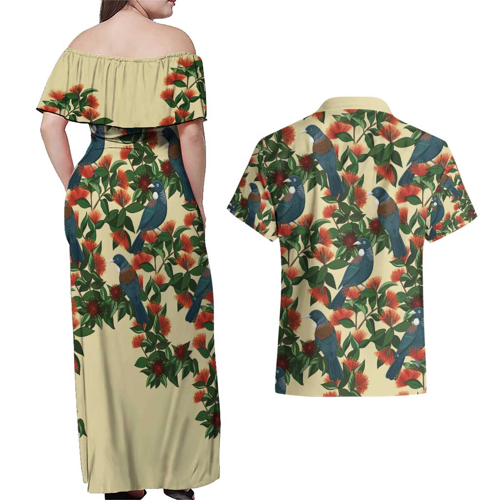 New Zealand Christmas Couples Matching Off Shoulder Maxi Dress and Hawaiian Shirt Romantic Tui Birds on Pohutukawa - Ivory - Aussie Hoodie