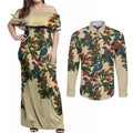 New Zealand Christmas Couples Matching Off Shoulder Maxi Dress and Long Sleeve Button Shirt Romantic Tui Birds on Pohutukawa - Ivory - Aussie Hoodie