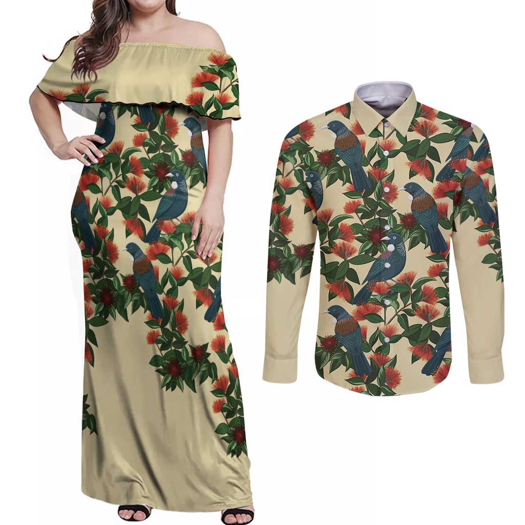 New Zealand Christmas Couples Matching Off Shoulder Maxi Dress and Long Sleeve Button Shirt Romantic Tui Birds on Pohutukawa - Ivory - Aussie Hoodie