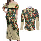 New Zealand Christmas Couples Matching Off Shoulder Maxi Dress and Long Sleeve Button Shirt Romantic Tui Birds on Pohutukawa - Ivory - Aussie Hoodie