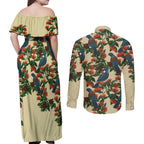 New Zealand Christmas Couples Matching Off Shoulder Maxi Dress and Long Sleeve Button Shirt Romantic Tui Birds on Pohutukawa - Ivory - Aussie Hoodie