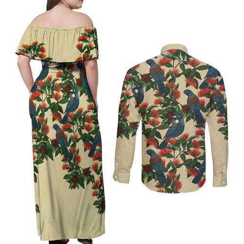 New Zealand Christmas Couples Matching Off Shoulder Maxi Dress and Long Sleeve Button Shirt Romantic Tui Birds on Pohutukawa - Ivory - Aussie Hoodie