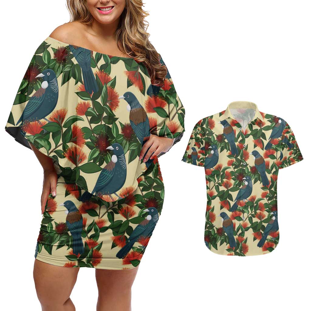 New Zealand Christmas Couples Matching Off Shoulder Short Dress and Hawaiian Shirt Romantic Tui Birds on Pohutukawa - Ivory - Aussie Hoodie