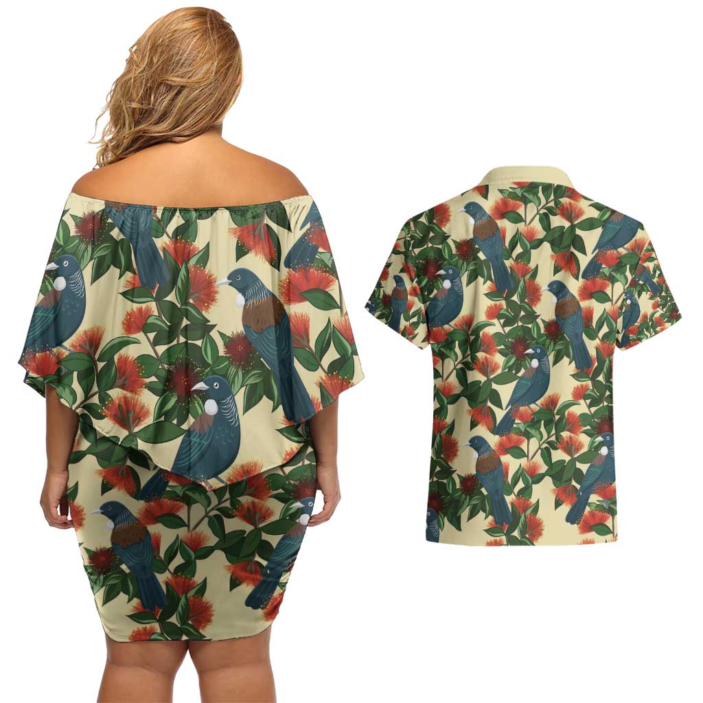 New Zealand Christmas Couples Matching Off Shoulder Short Dress and Hawaiian Shirt Romantic Tui Birds on Pohutukawa - Ivory - Aussie Hoodie