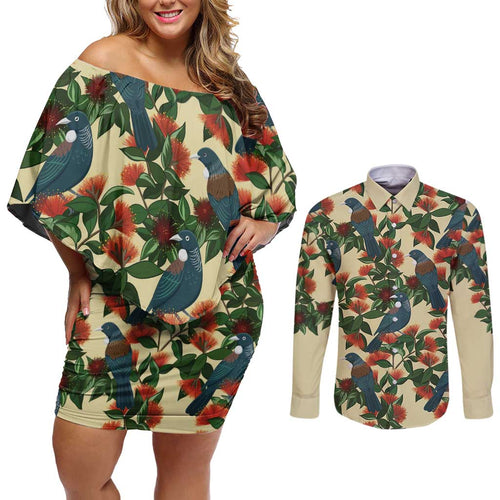 New Zealand Christmas Couples Matching Off Shoulder Short Dress and Long Sleeve Button Shirt Romantic Tui Birds on Pohutukawa - Ivory - Aussie Hoodie