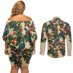 New Zealand Christmas Couples Matching Off Shoulder Short Dress and Long Sleeve Button Shirt Romantic Tui Birds on Pohutukawa - Ivory - Aussie Hoodie