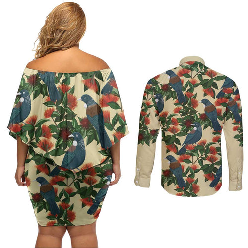 New Zealand Christmas Couples Matching Off Shoulder Short Dress and Long Sleeve Button Shirt Romantic Tui Birds on Pohutukawa - Ivory - Aussie Hoodie