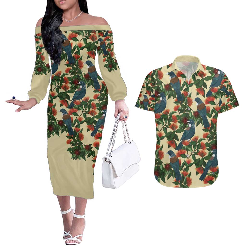 New Zealand Christmas Couples Matching Off The Shoulder Long Sleeve Dress and Hawaiian Shirt Romantic Tui Birds on Pohutukawa - Ivory - Aussie Hoodie