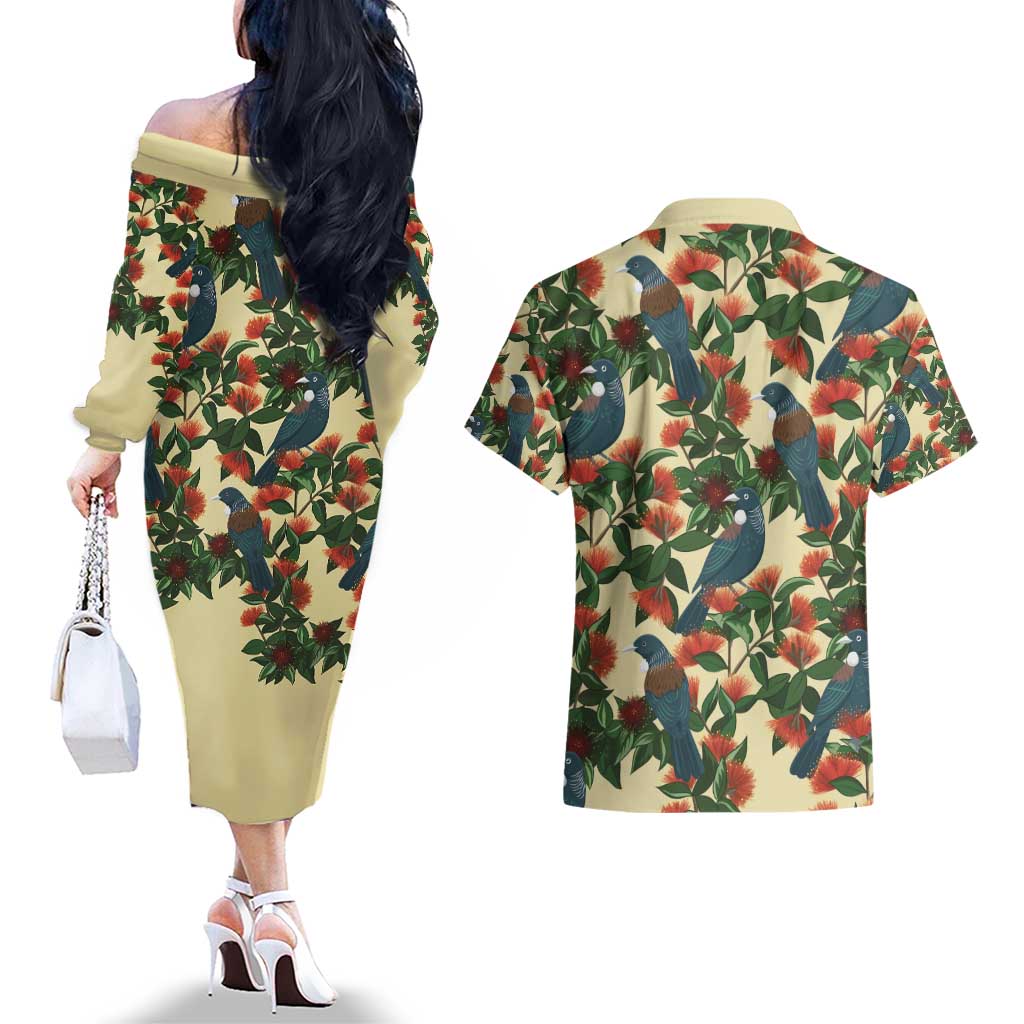 New Zealand Christmas Couples Matching Off The Shoulder Long Sleeve Dress and Hawaiian Shirt Romantic Tui Birds on Pohutukawa - Ivory - Aussie Hoodie