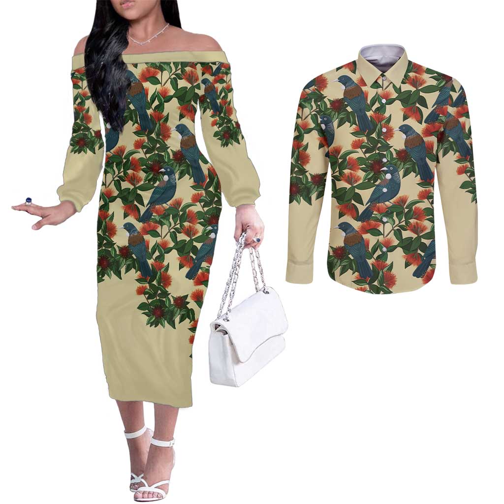 New Zealand Christmas Couples Matching Off The Shoulder Long Sleeve Dress and Long Sleeve Button Shirt Romantic Tui Birds on Pohutukawa - Ivory - Aussie Hoodie