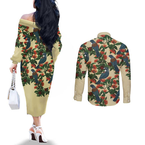 New Zealand Christmas Couples Matching Off The Shoulder Long Sleeve Dress and Long Sleeve Button Shirt Romantic Tui Birds on Pohutukawa - Ivory - Aussie Hoodie
