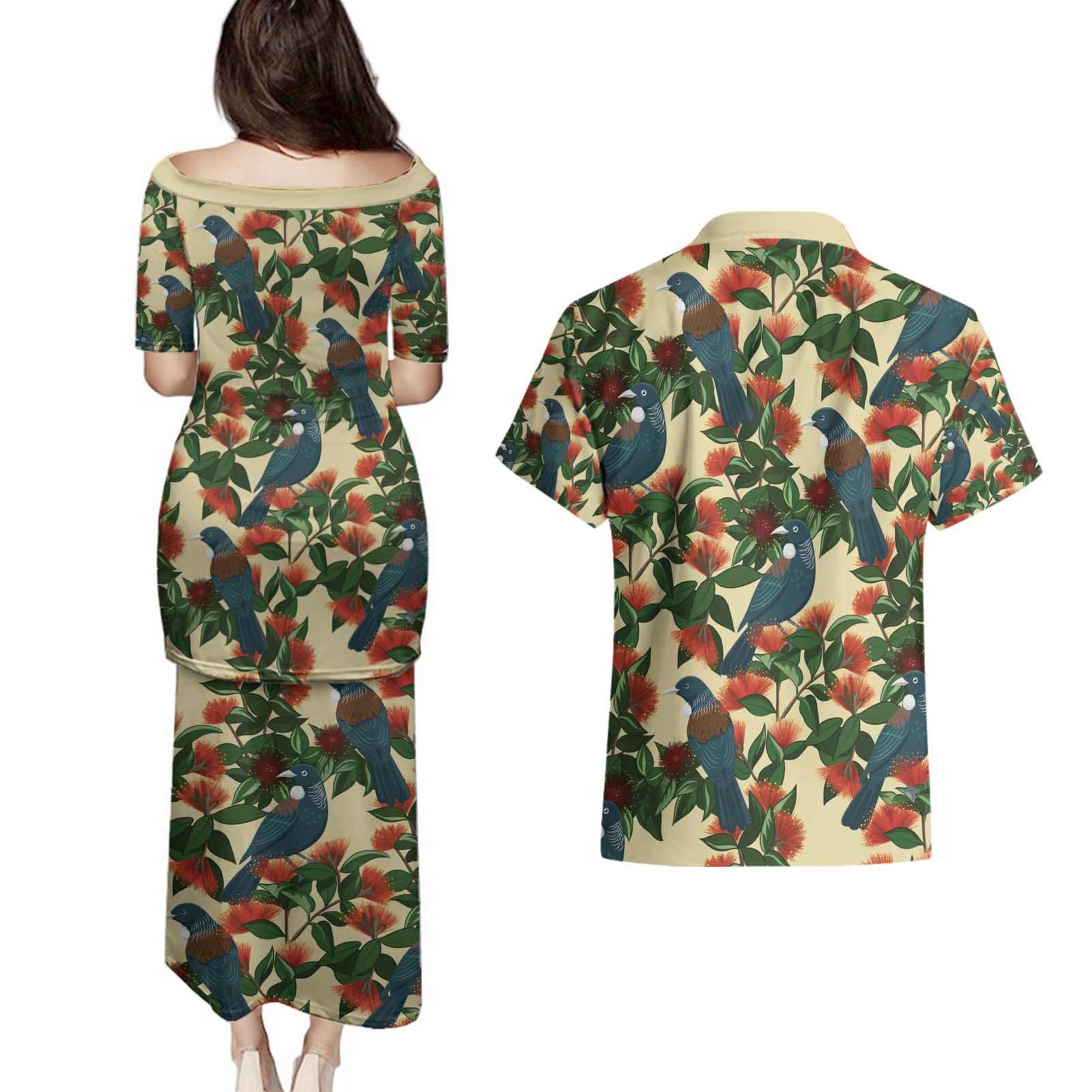 New Zealand Christmas Couples Matching Puletasi and Hawaiian Shirt Romantic Tui Birds on Pohutukawa - Ivory - Aussie Hoodie