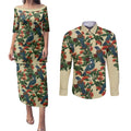 New Zealand Christmas Couples Matching Puletasi and Long Sleeve Button Shirt Romantic Tui Birds on Pohutukawa - Ivory - Aussie Hoodie