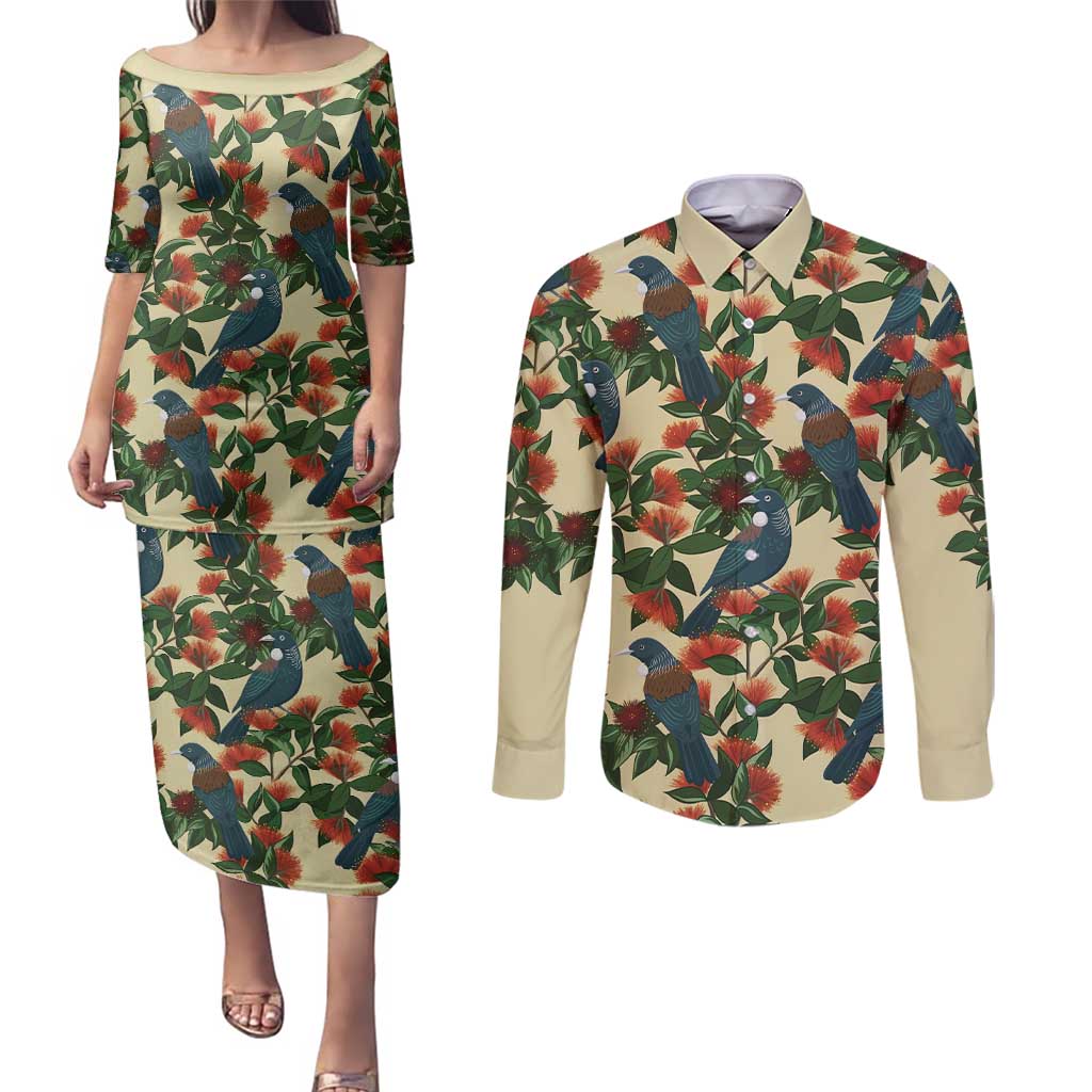 New Zealand Christmas Couples Matching Puletasi and Long Sleeve Button Shirt Romantic Tui Birds on Pohutukawa - Ivory - Aussie Hoodie