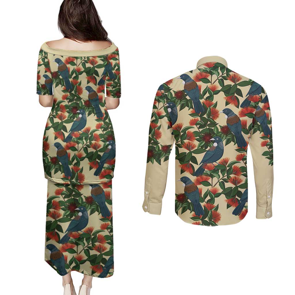 New Zealand Christmas Couples Matching Puletasi and Long Sleeve Button Shirt Romantic Tui Birds on Pohutukawa - Ivory - Aussie Hoodie