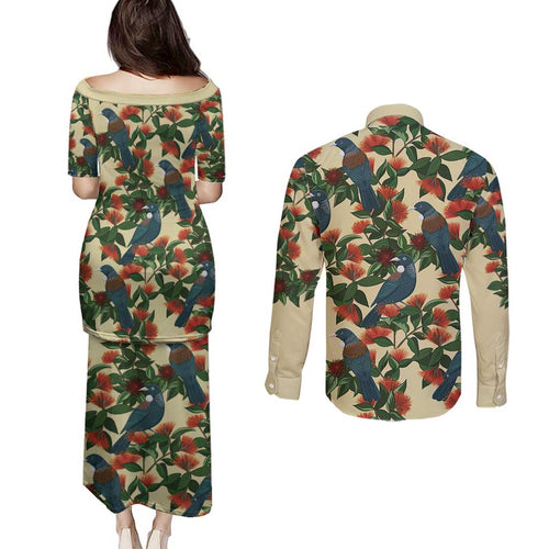 New Zealand Christmas Couples Matching Puletasi and Long Sleeve Button Shirt Romantic Tui Birds on Pohutukawa - Ivory - Aussie Hoodie