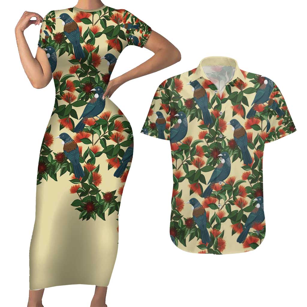 New Zealand Christmas Couples Matching Short Sleeve Bodycon Dress and Hawaiian Shirt Romantic Tui Birds on Pohutukawa - Ivory - Aussie Hoodie