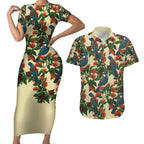 New Zealand Christmas Couples Matching Short Sleeve Bodycon Dress and Hawaiian Shirt Romantic Tui Birds on Pohutukawa - Ivory - Aussie Hoodie