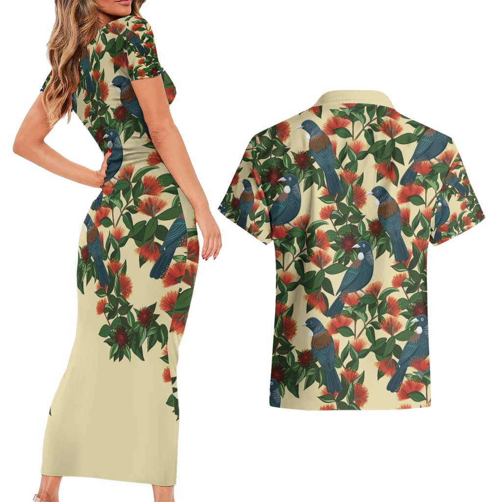 New Zealand Christmas Couples Matching Short Sleeve Bodycon Dress and Hawaiian Shirt Romantic Tui Birds on Pohutukawa - Ivory - Aussie Hoodie