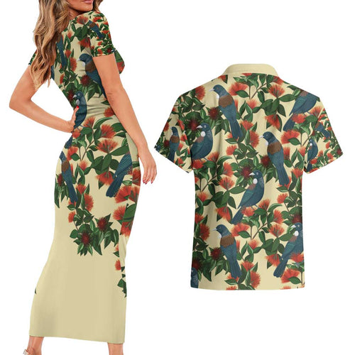 New Zealand Christmas Couples Matching Short Sleeve Bodycon Dress and Hawaiian Shirt Romantic Tui Birds on Pohutukawa - Ivory - Aussie Hoodie