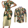 New Zealand Christmas Couples Matching Short Sleeve Bodycon Dress and Long Sleeve Button Shirt Romantic Tui Birds on Pohutukawa - Ivory - Aussie Hoodie